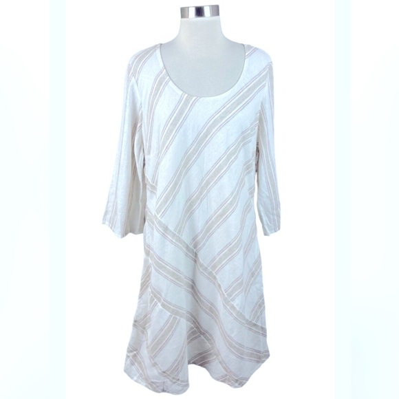 Soft Surroundings White Tan Sz PS Asymmetrical Stripe Linen Blend Shift Dress - Picture 2 of 8